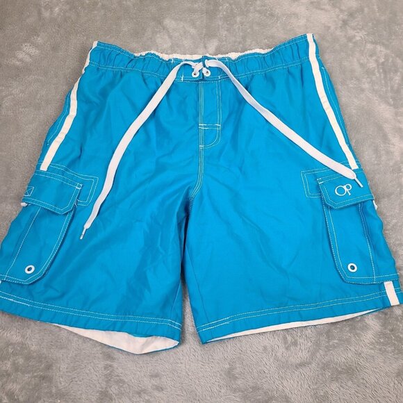 Ocean Pacific Mens Swim Trunks Blue‎ Size L (36-38) Cargo Style Drawstring Mesh - Picture 1 of 9